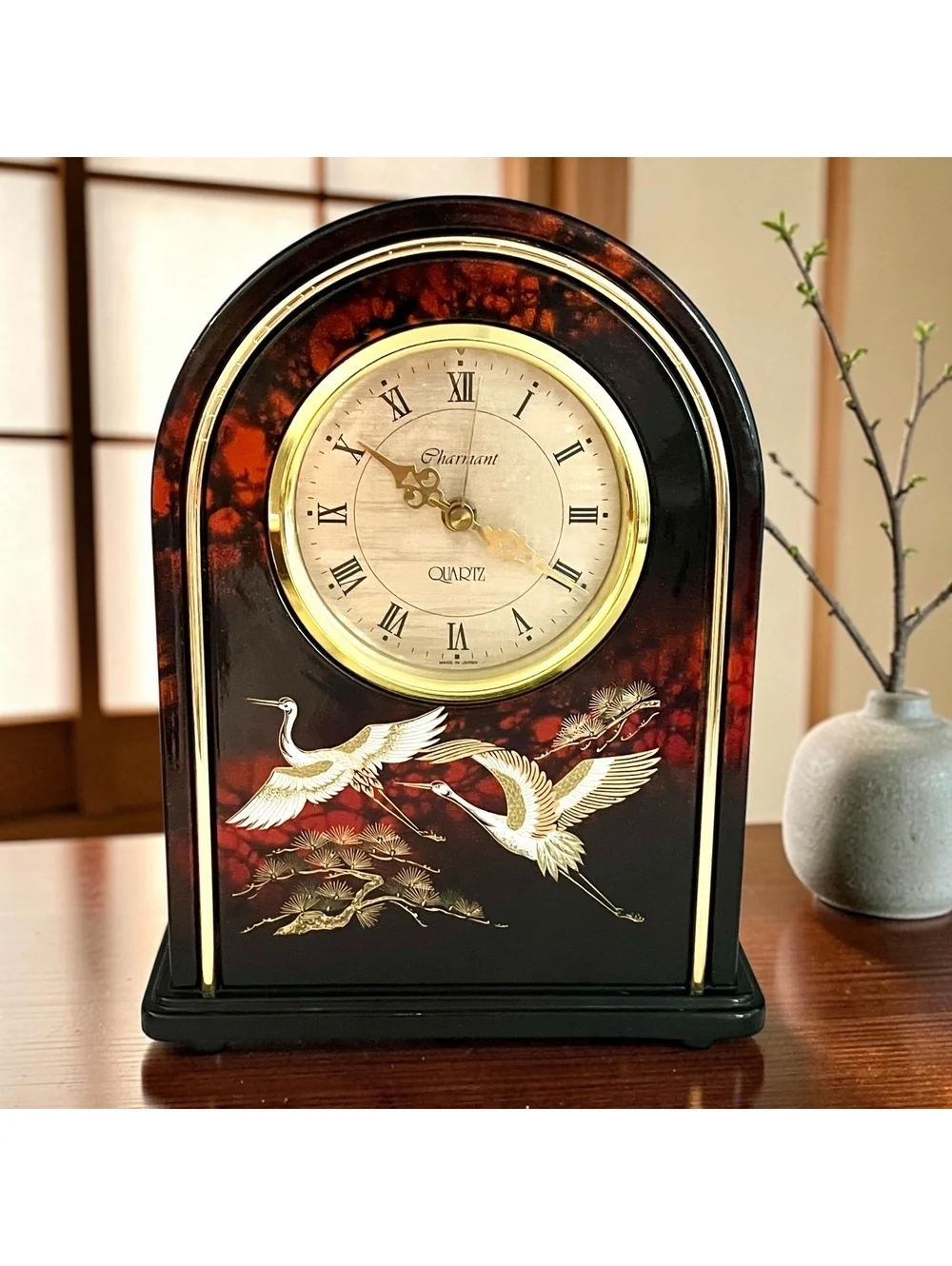 Vintage Charmant Quartz Clock Japan Flying Cranes Gold Lacquer Style